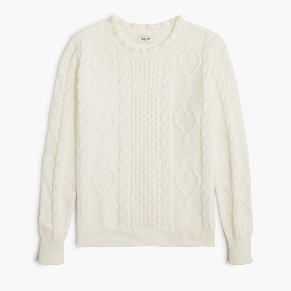 NWT J Crew factory ruffle neck Cable-knit hearts crewneck sweater Sz S - HOLE
